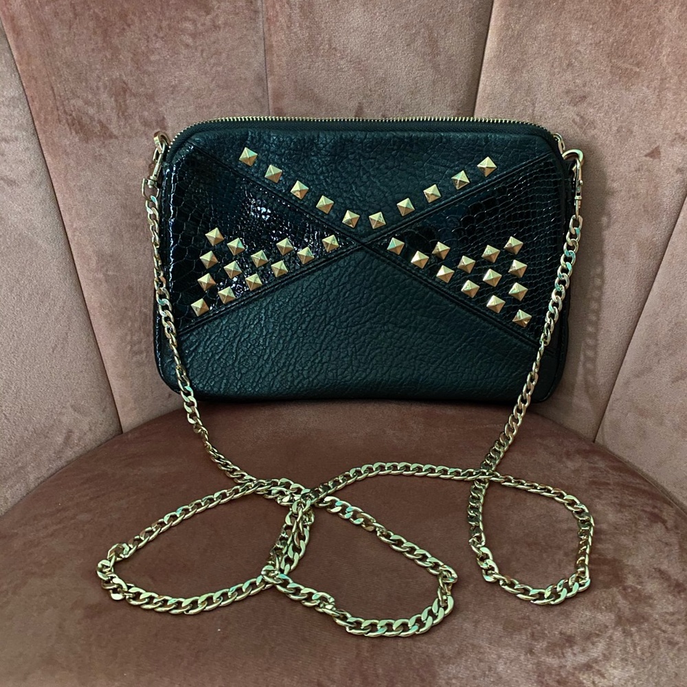 EUC black pleather with gold studs purse
